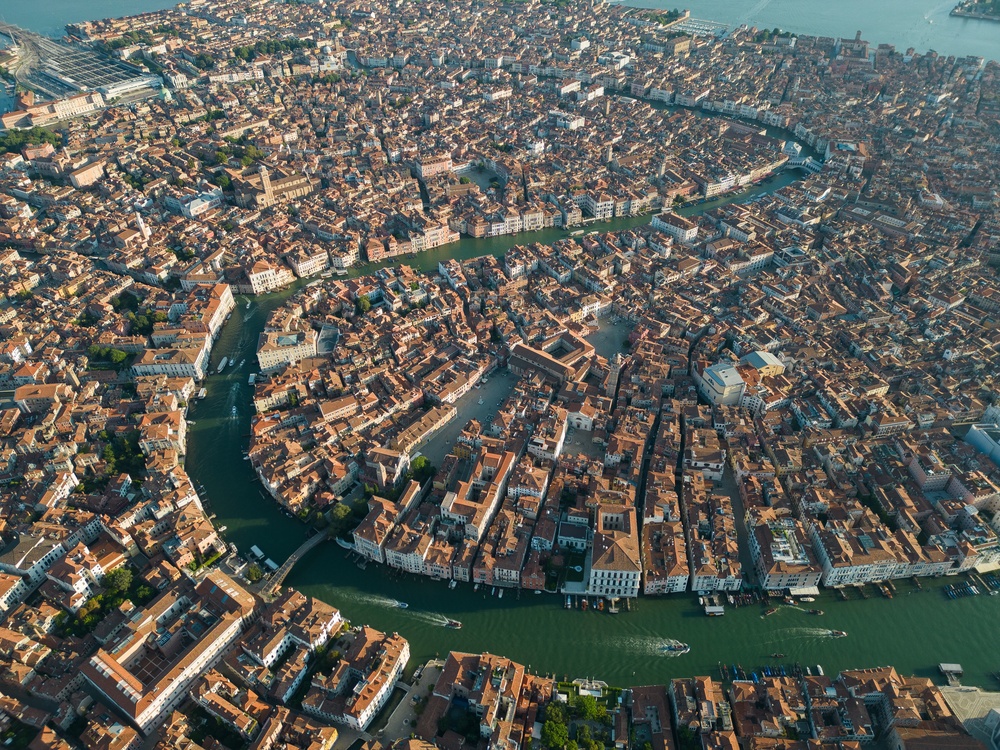 Aerial view of Venice and the lagoon with the Grand Canal winding through the city