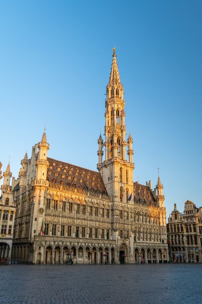 The Town Hall and guildhalls on Grand Place in Brussels at sunrise