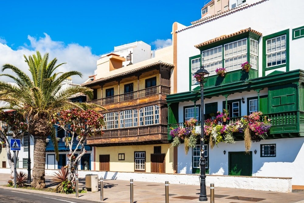 Traditional wooden balconies with flowers in Santa Cruz de La Palma