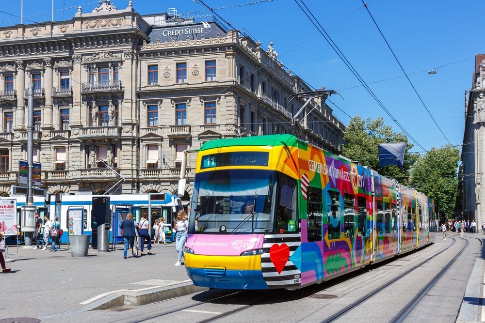Tram on Bahnhofstrasse at Paradeplatz in Zürich