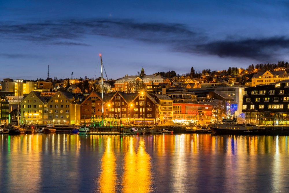 Tromsø city centre and the harbour on a winter evening