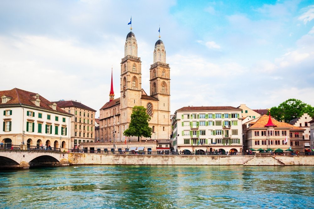 The twin towers of the Grossmünster by the River Limmat in Zürich