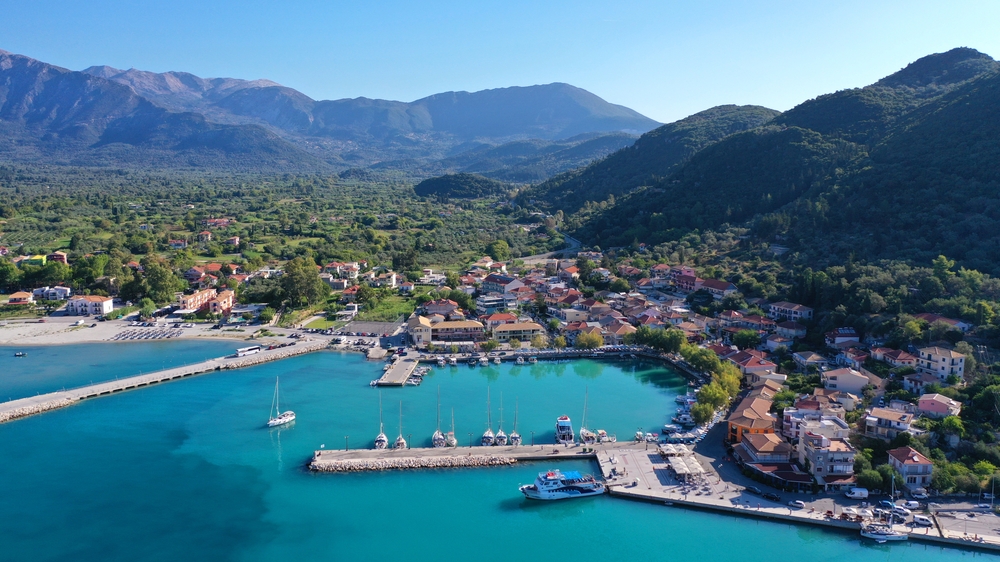 Aerial view of Vasiliki and the bay with its harbour in Lefkada