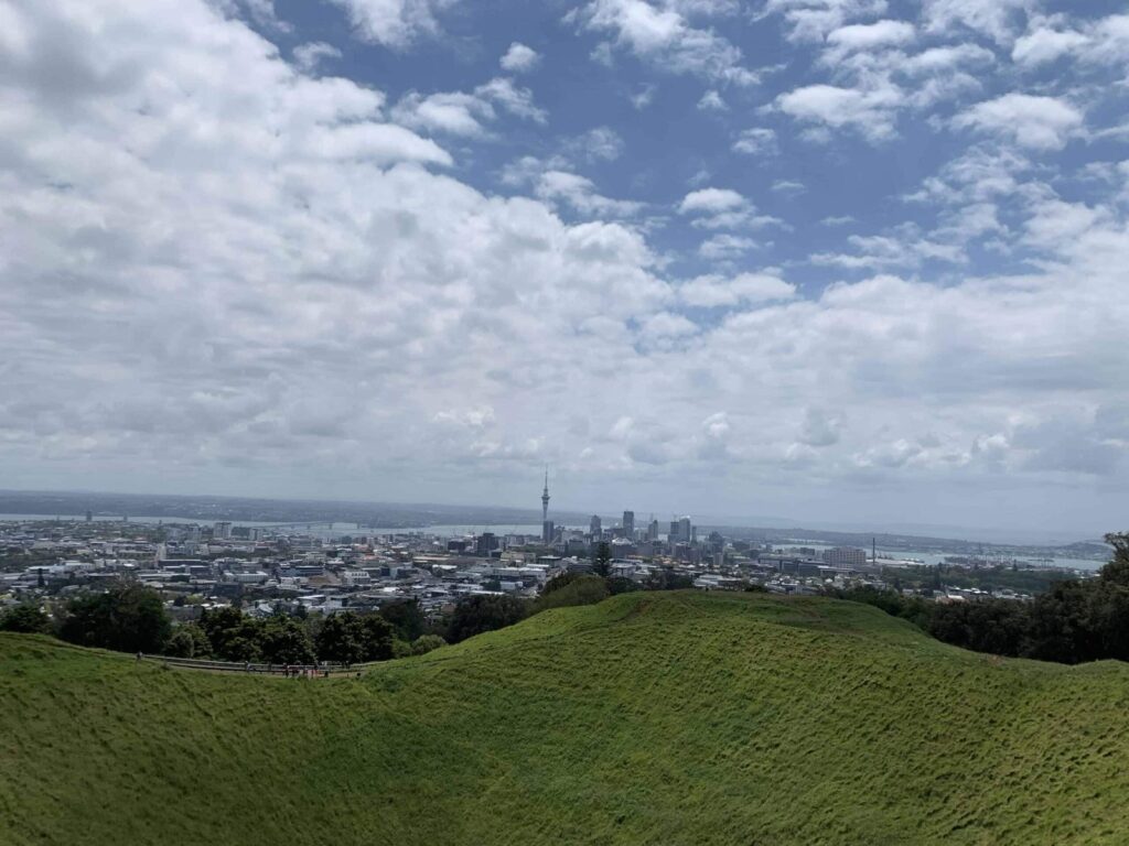 View from the Mount Eden volcano over Auckland with the Sky Tower in the background