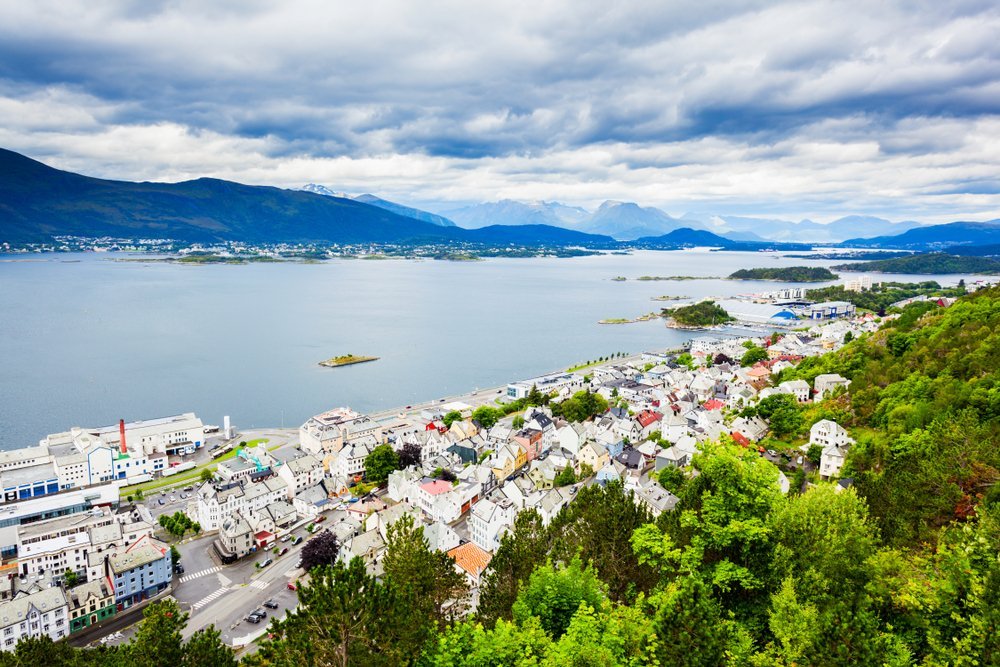 View over Ålesund and the islands from Fjellstua on Aksla, the town's mountain