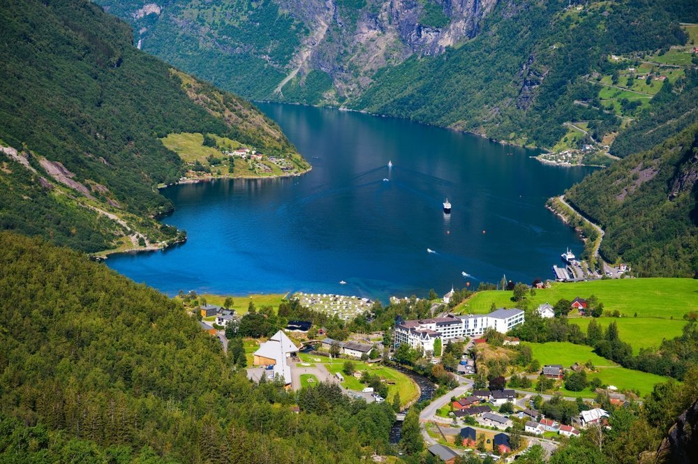 The village of Geiranger at the innermost end of the Geirangerfjord