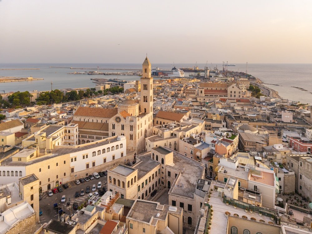 Aerial photo of Bari Vecchia and the Basilica di San Nicola at sunrise in Bari
