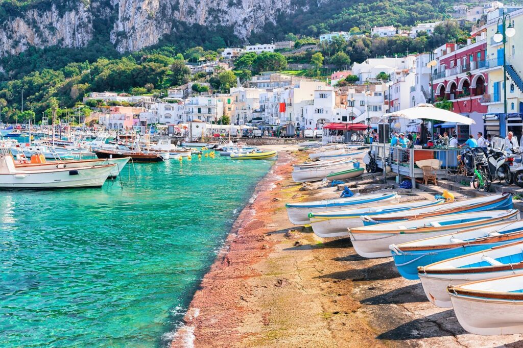 Capri town with white houses between the mountains and the sea on Capri