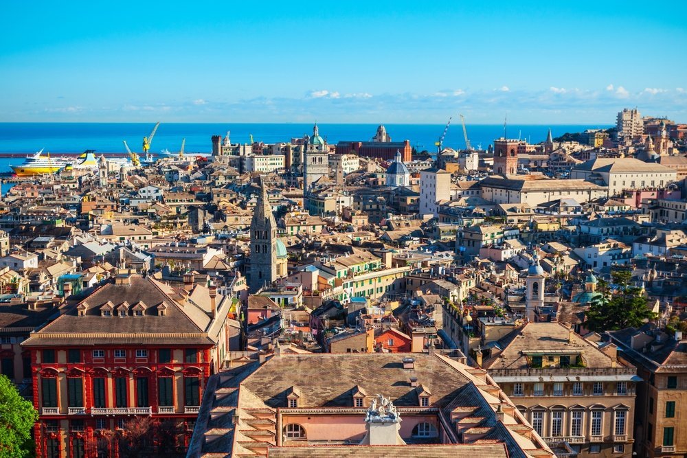Aerial photo of Genoa with the Old Town and the harbour in Liguria