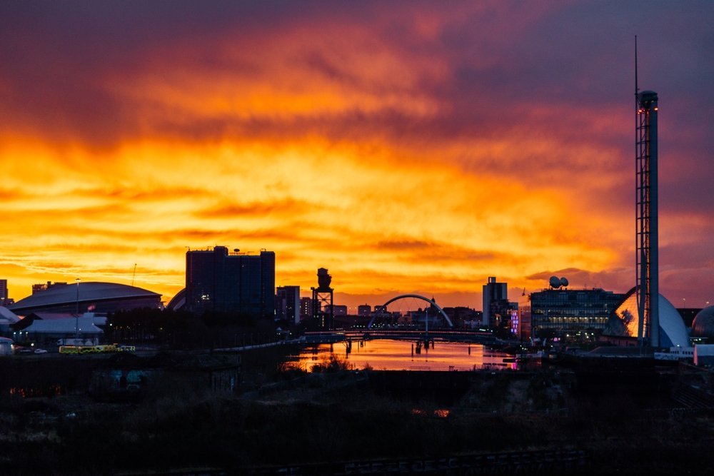 Glasgow's skyline at sunset, seen across the River Clyde