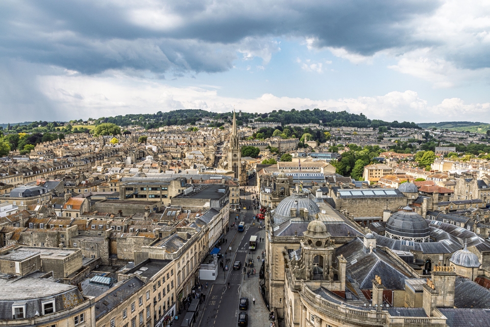 Aerial view of Bath in England with its historic Georgian architecture and green hills