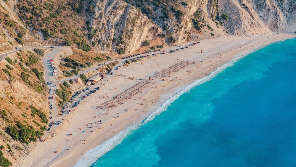 Aerial view of Myrtos beach in Kefalonia