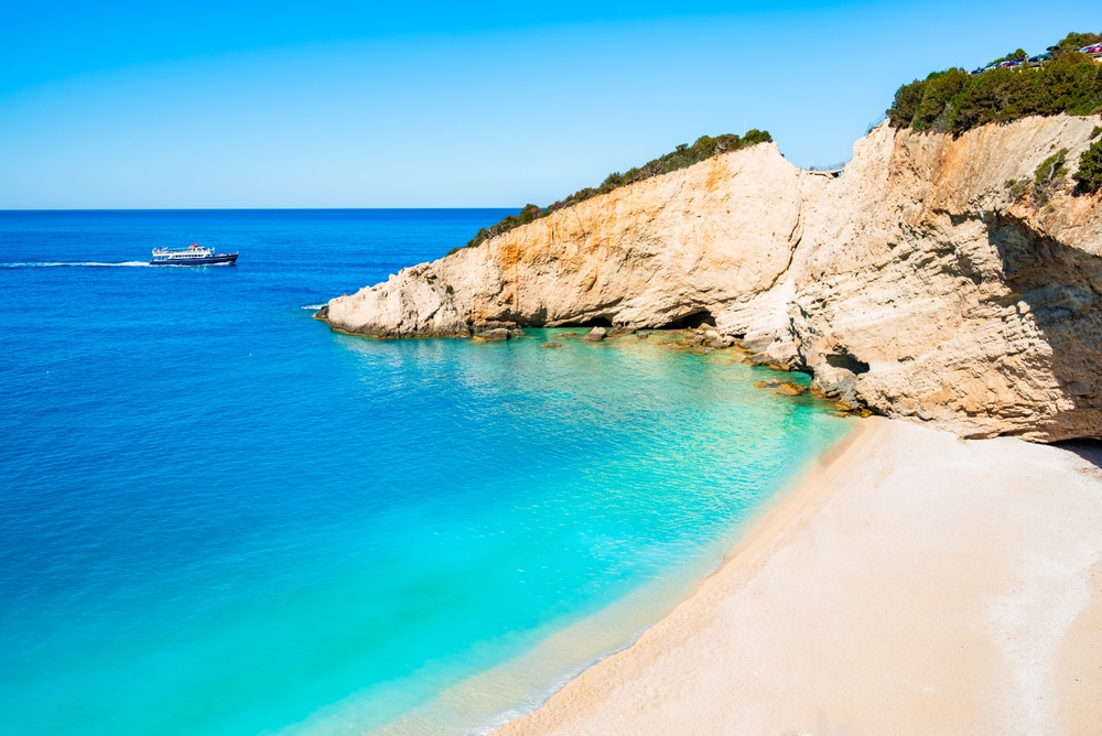 Porto Katsiki in Lefkada with white cliffs and azure sea
