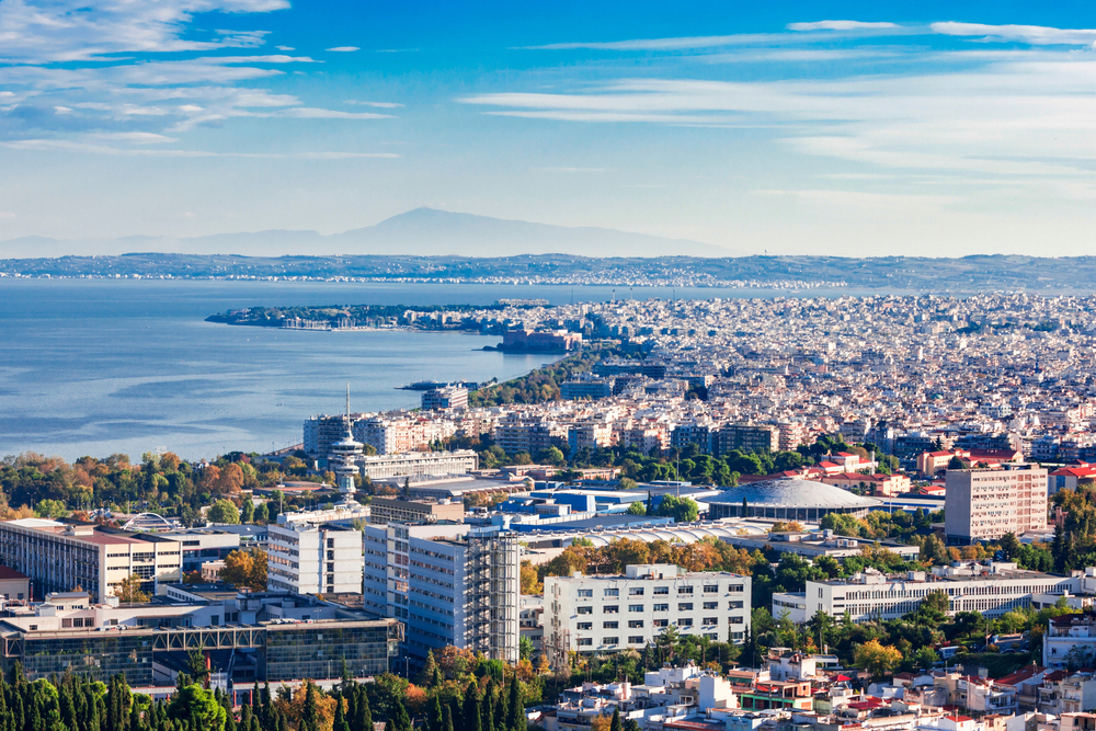 Aerial panoramic view of Thessaloniki, Greece's second-largest city on the bay