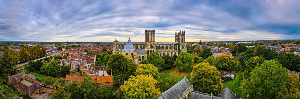 York Minster and the rooftops of York from the air