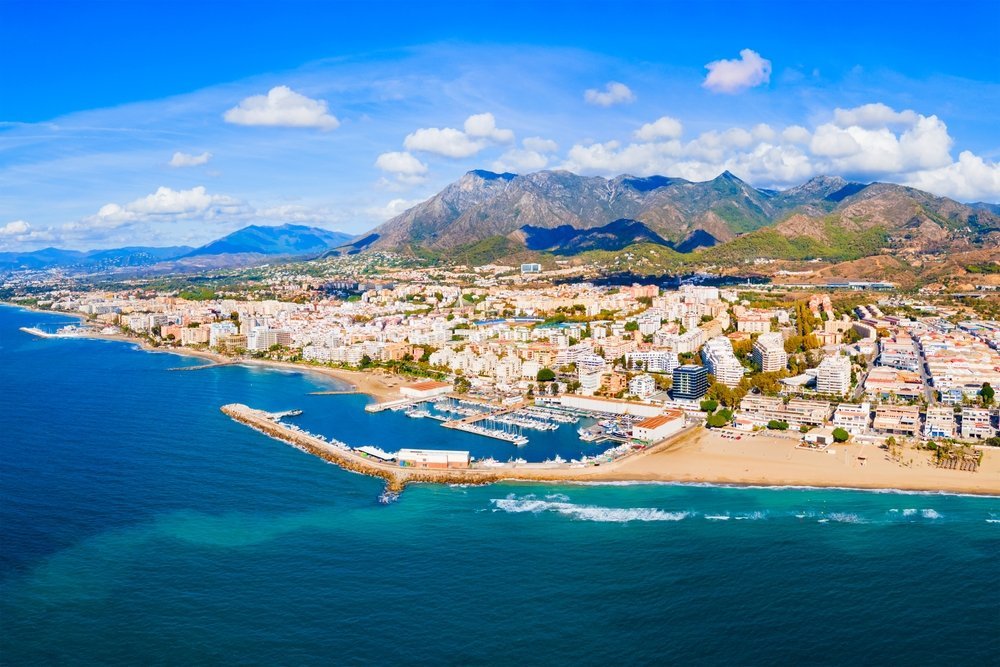 Aerial photo of Marbella with the marina, the beach and La Concha mountain