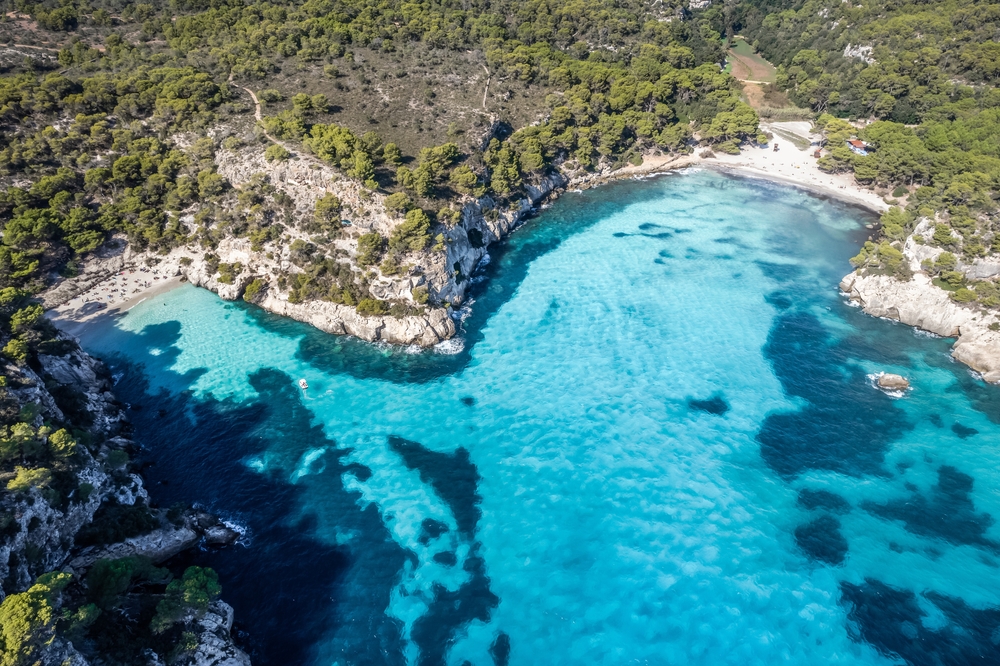 Aerial view of Cala Macarella beach in Menorca