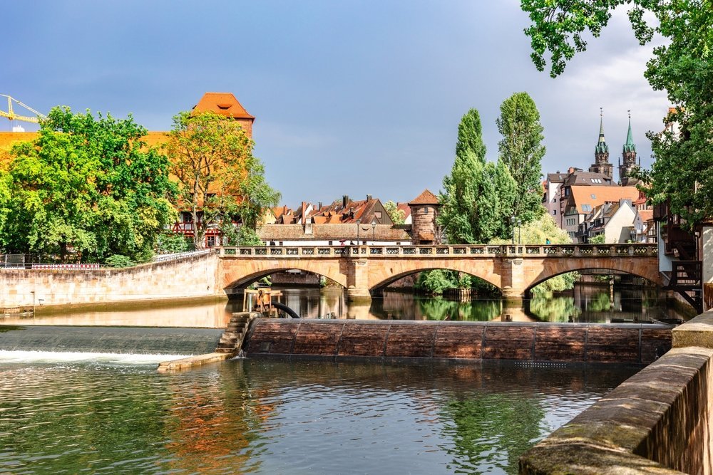 Colourful half-timbered houses and bridges over the Pegnitz in Nuremberg's Old Town