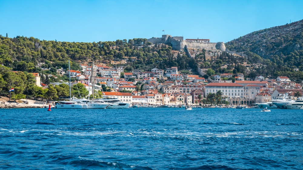 Panoramic view over Hvar Town and the harbour with the Fortica fortress on the hill