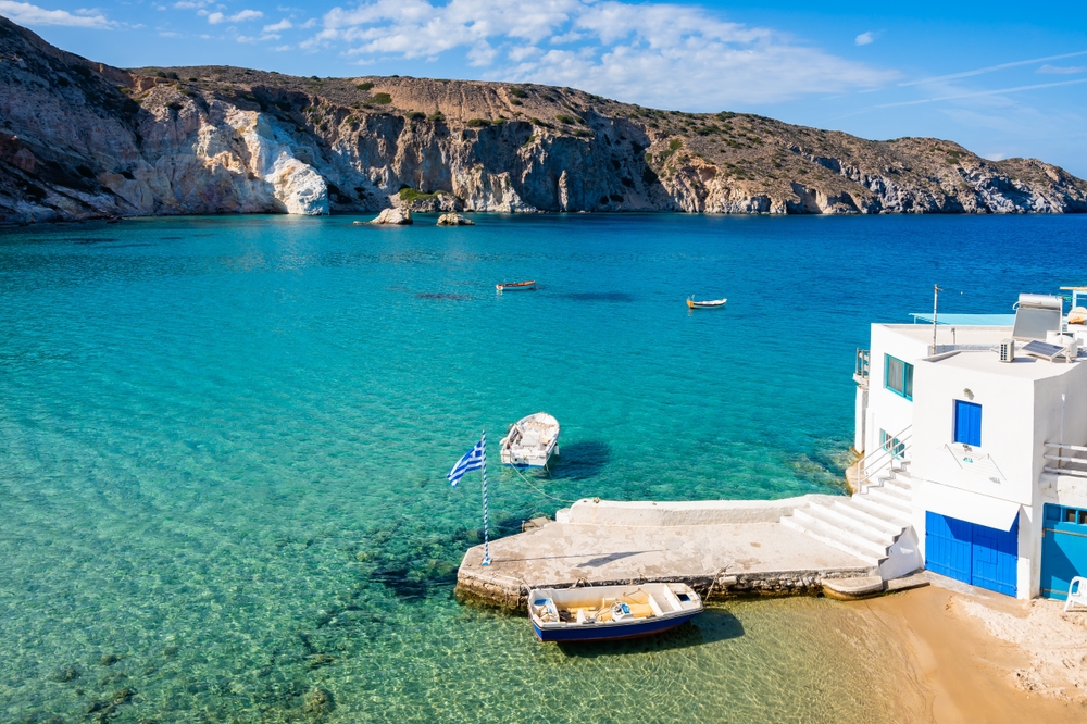The bay at Firopotamos on Milos with its white houses