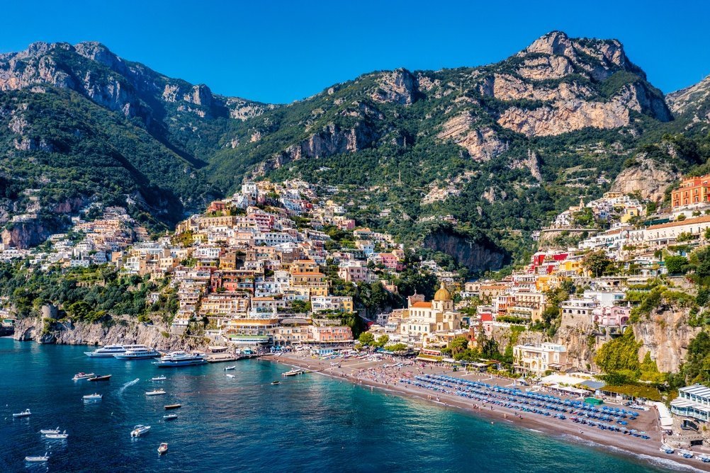 Aerial photo of Positano and Spiaggia Grande beach on the Amalfi Coast
