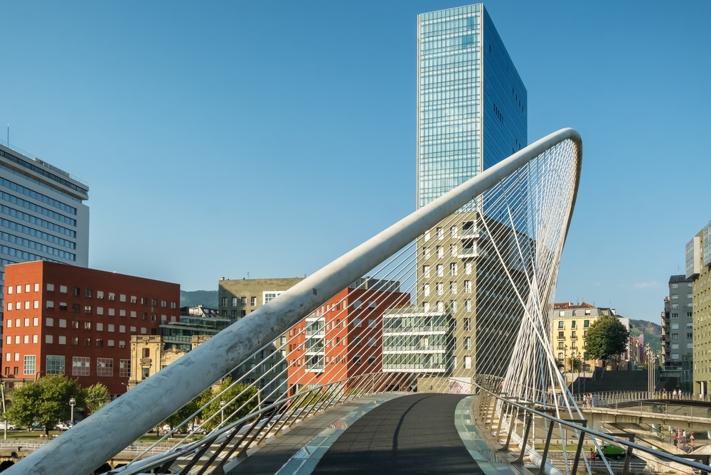 The Zubizuri bridge over the River Nervión at Campo Volantín in Bilbao seen from above