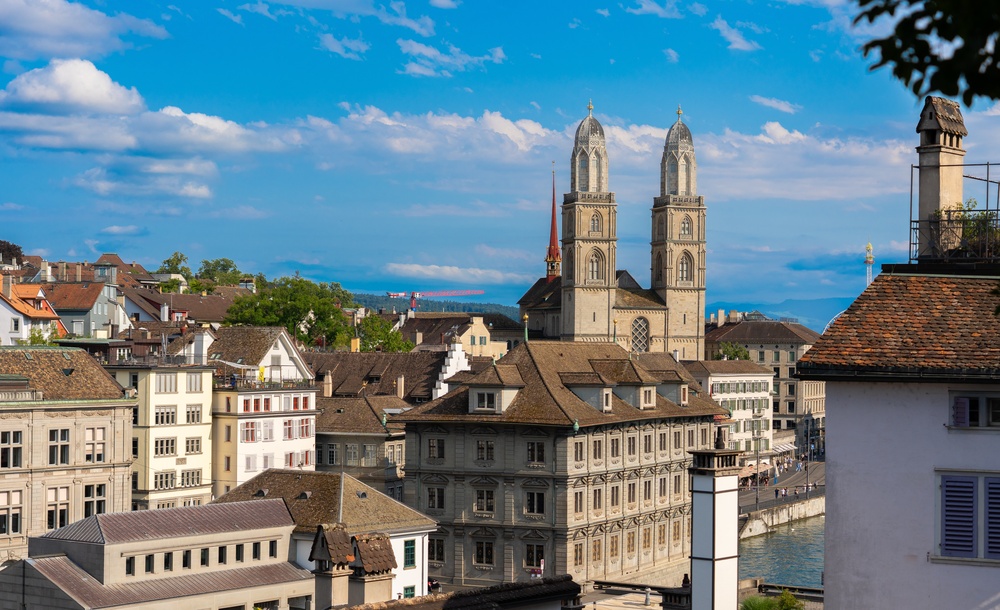 Zurich's Old Town with old rooftops and Grossmünster church